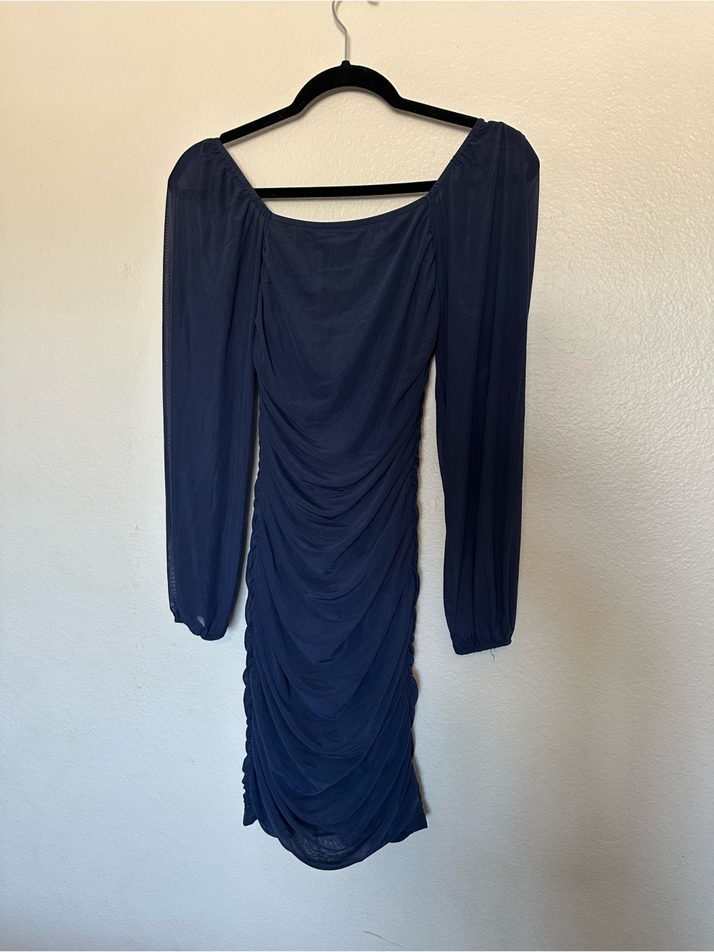 Navy Ruched Long-Sleeve Midi Dress